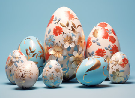 easter eggs and flowers on light blue background,の素材