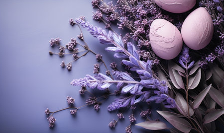 easter egg, lavender plant and leaves background,の素材
