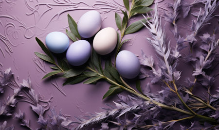 easter egg, lavender plant and leaves background,の素材