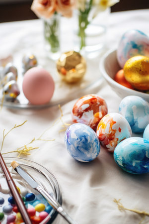 easter kit of eggs with colors and stickers on table,の素材