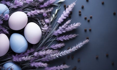 lavender background with blue eggs and lavender,の素材