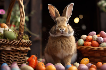 rabbit sitting near easter baskets with easter eggs,の素材