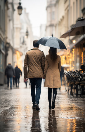 two people walking down a street with umbrellas,の素材