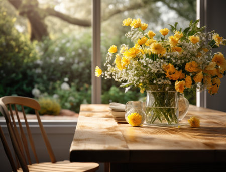 the kitchen table with flowers in front of it is in the garden,の素材