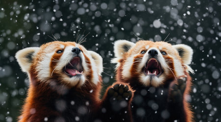 two red panda cubs fighting in the rain with each other,の素材