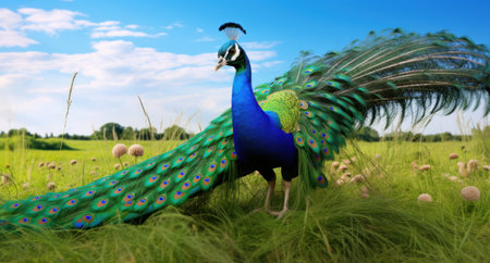 the green and blue peacock is standing in a green field,の素材