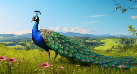 the green and blue peacock is standing in a green field,の素材