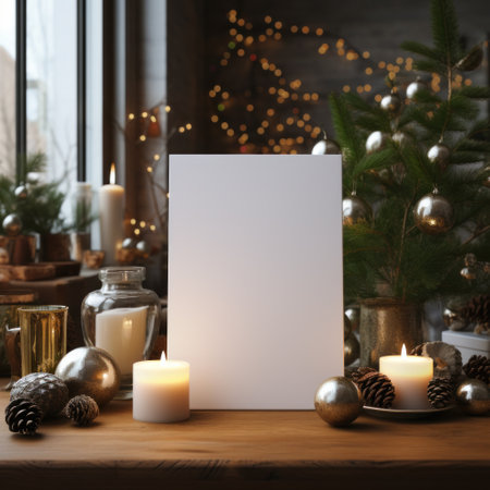 White greeting card with blank front, realistic on a mockup template in a wooden table in a christmas luxuty background in home inside,の素材