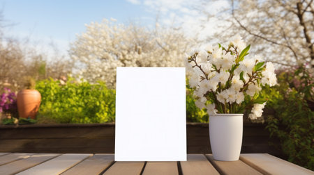 White greeting card with blank front, realistic on a mockup template in a wooden table in a easter luxuty background in home inside,の素材
