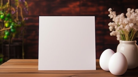 White greeting card with blank front, realistic on a mockup template in a wooden table in a easter luxuty background in home inside,の素材
