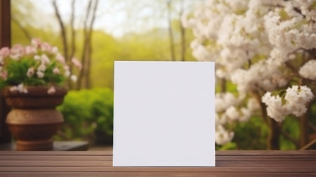 White greeting card with blank front, realistic on a mockup template in a wooden table in a easter luxuty background in home inside,の素材