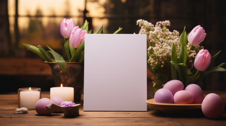 White greeting card with blank front, realistic on a mockup template in a wooden table in a easter luxuty background in home inside,の素材