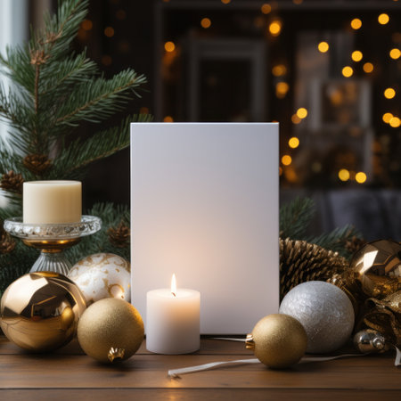 White greeting card with blank front, realistic on a mockup template in a wooden table in a christmas luxuty background in home inside,の素材