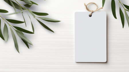 white blank tag with blank front realistic on a mockup template in a white wooden table with olive leaf branchの素材