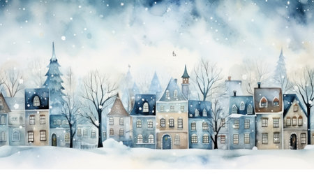 watercolor christmas village of cottages yankee townscape,の素材