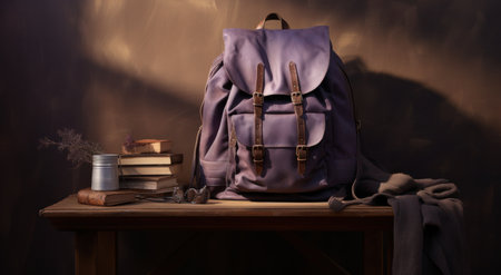 a purple backpack is sitting on top of a table,の素材