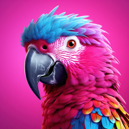 a parrot with blue and pink feathers on colorful pink background,の素材
