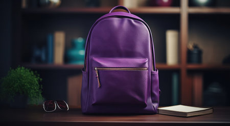 a purple backpack is sitting on a table,の素材