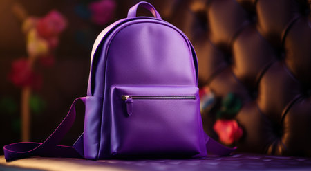 a purple backpack is sitting on a table,の素材