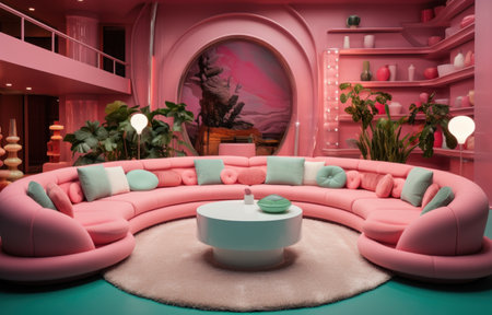 a pink and green living room has a round area,の素材