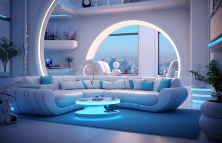 a living room with white furniture and blue accentsの素材
