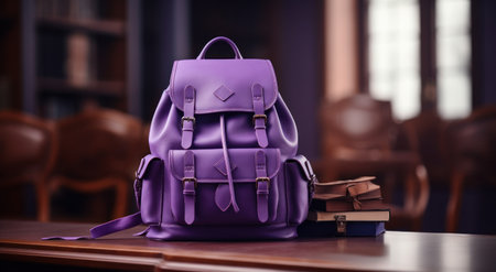 a purple backpack is sitting on top of a table,の素材
