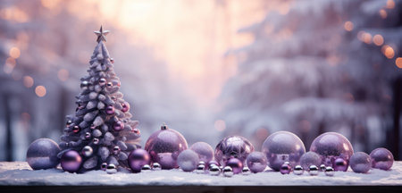 a purple christmas tree with purple ornaments on a wooden table,の素材