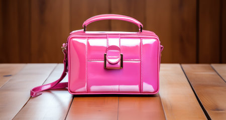 a small pink leather bag sitting on top of a wooden floor,の素材