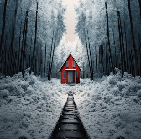 a small cabin is standing in a snowy forest,の素材