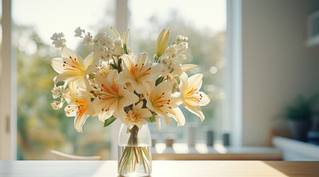 a vase containing flowers on the table in a kitchenの素材