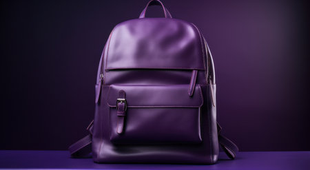 a purple leather backpack is sitting on a tableの素材