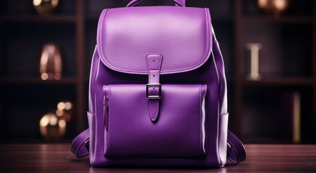 a purple leather backpack is sitting on a tableの素材