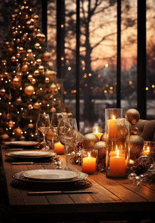 a table with candles and a Christmas tree in front of it,の素材
