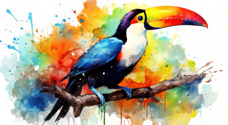 a toucan bird with colorful feathers showing in the paint,の素材