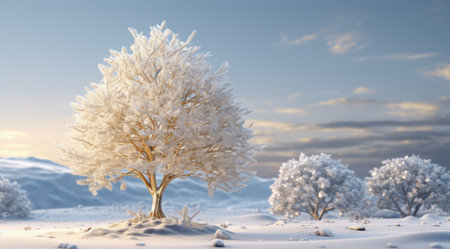 a snow covered christmas tree stands alone on snow covered ground,の素材