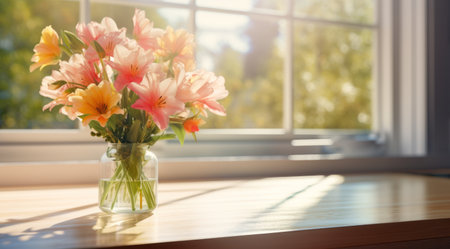 a vase containing flowers on the table in a kitchenの素材