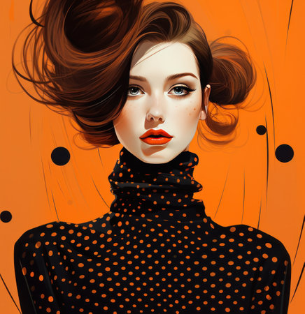 a woman in an orange and black dotted sweater,の素材