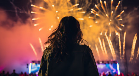 a woman looks up back at fireworks,の素材