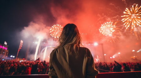 a woman looks up back at fireworks,の素材