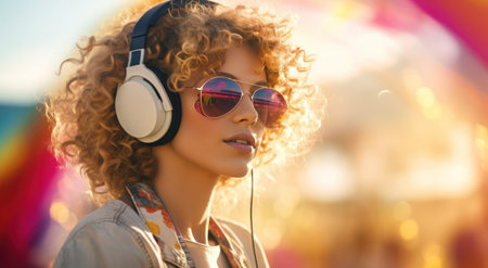 a woman in sunglasses is djing at a music festival,の素材