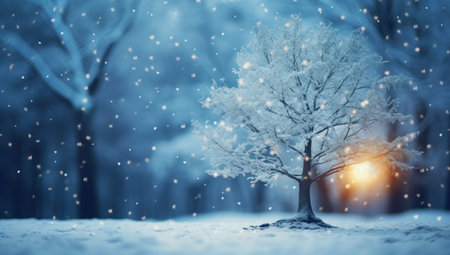 a winter landscape with snow falling over a tree,の素材