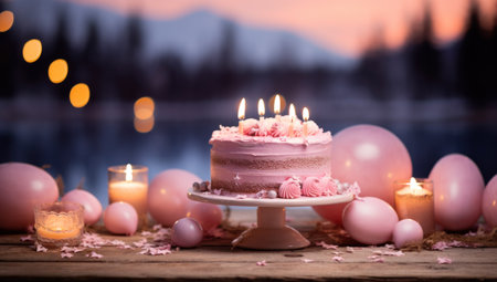 an elegant pink cake is sitting on a wooden plate with Christmas lights in the background,の素材
