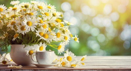 a yellow cup with flowers sitting on top of wooden table,の素材