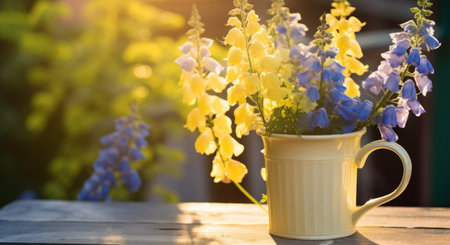 a yellow mug full of delphiniums outside in the sunlight,の素材