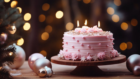 an elegant pink cake is sitting on a wooden plate with Christmas lights in the background,の素材