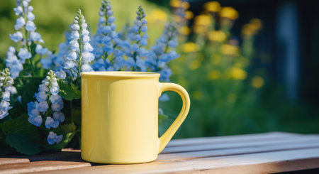 a yellow mug full of delphiniums outside in the sunlight,の素材