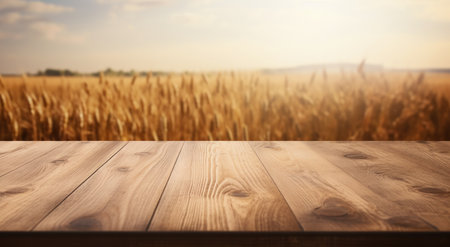 a wooden table with wheat field in the background,の素材