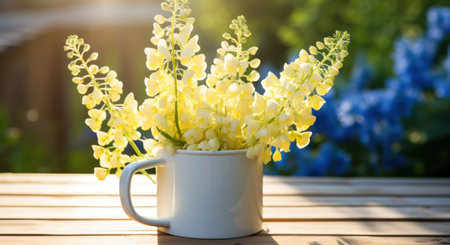 a yellow mug full of delphiniums outside in the sunlight,の素材