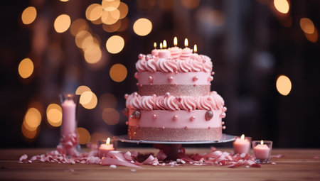 an elegant pink cake is sitting on a wooden plate with Christmas lights in the background,の素材