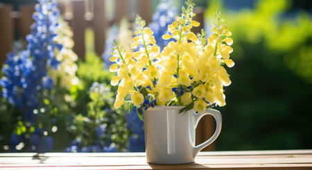 a yellow mug full of delphiniums outside in the sunlight,の素材